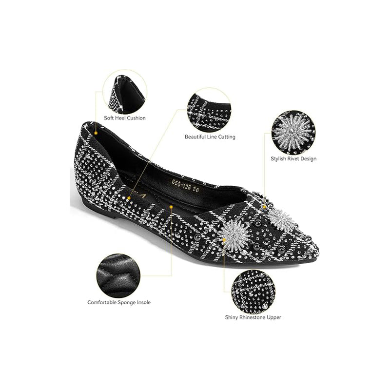 Zelaprox Women's Flats Shoes Rhinestone Pointed Toe Flats Comfort Low Wedge Dressy Flats Silver Bowknot Flats Light Weight Casual Ballet Shoes