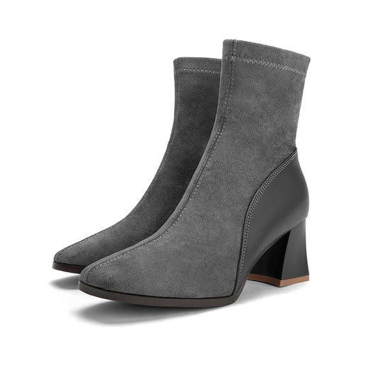 Women’s Square Toe Ankle Boots Low Block Heel Chelsea Boots Back Zipper Comfortable Mid Calf Booties Shoes