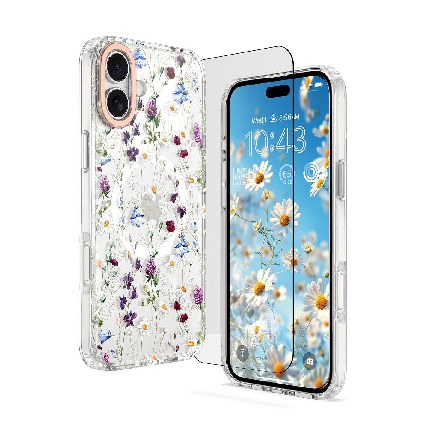 MILPROX Compatible with iPhone 16 Pro Cute Flower Floral Pattern Case - with Screen Protector/Strap