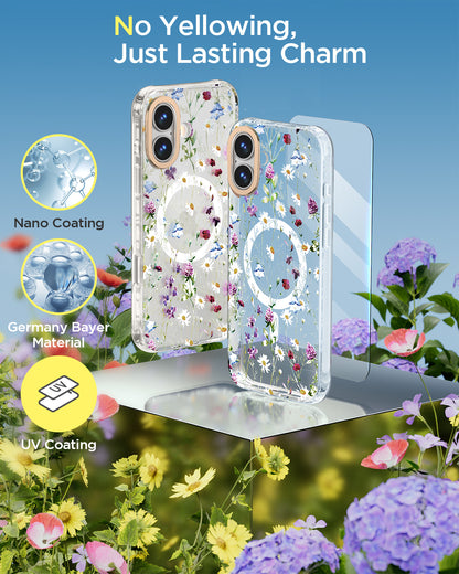 MILPROX Compatible with iPhone 16 Pro Cute Flower Floral Pattern Case - with Screen Protector/Strap