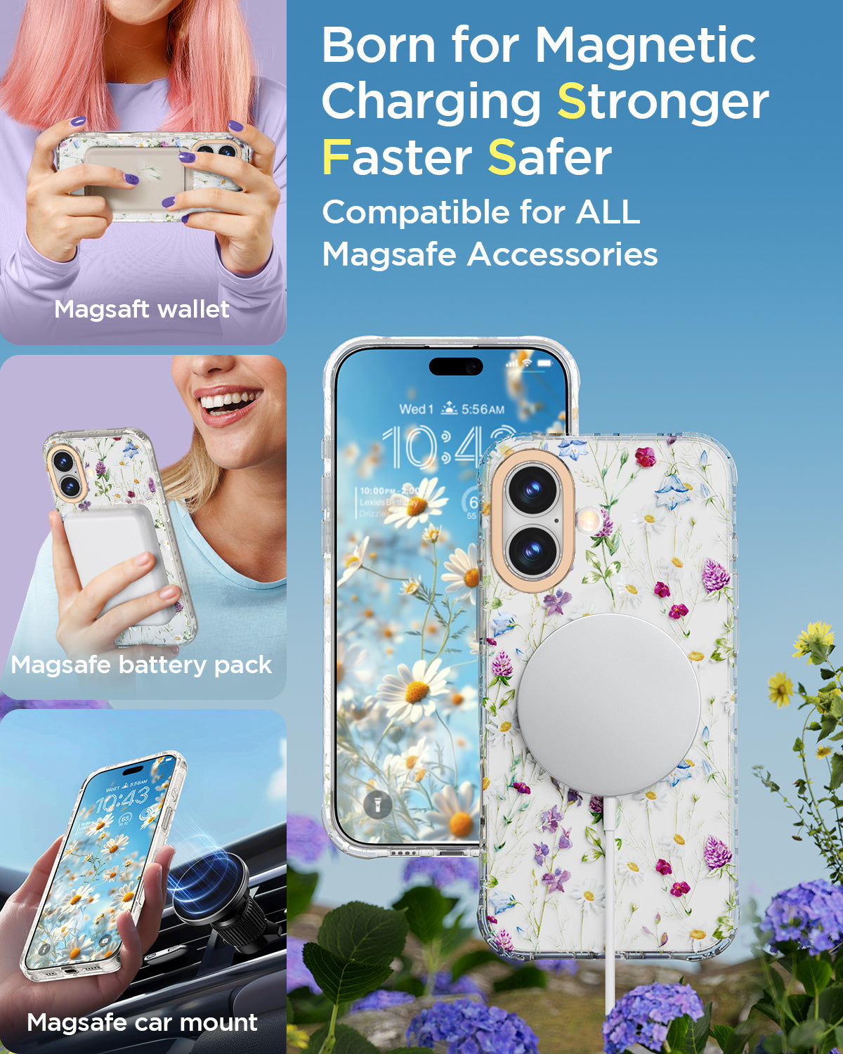 MILPROX Compatible with iPhone 16 Pro Cute Flower Floral Pattern Case - with Screen Protector/Strap