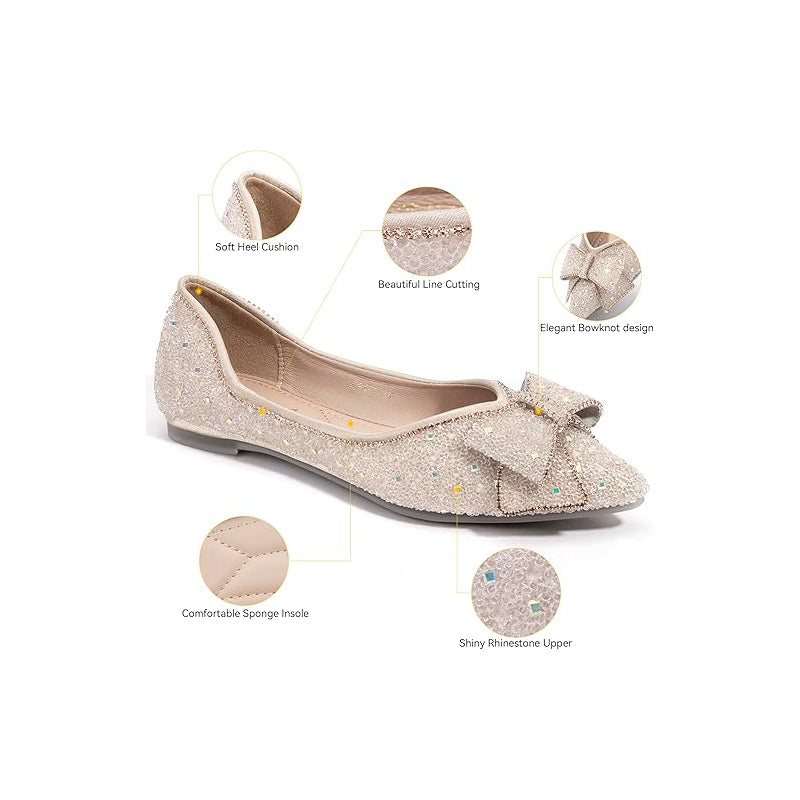 Zelaprox Women's Flats Shoes Rhinestone Pointed Toe Flats Comfort Low Wedge Dressy Flats Silver Bowknot Flats Light Weight Casual Ballet Shoes