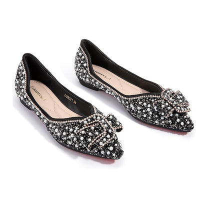 Zelaprox Women's Flats Shoes Rhinestone Pointed Toe Flats Comfort Low Wedge Dressy Flats Silver Bowknot Flats Light Weight Casual Ballet Shoes