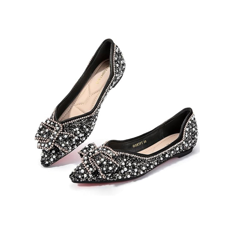 Zelaprox Women's Flats Shoes Rhinestone Pointed Toe Flats Comfort Low Wedge Dressy Flats Silver Bowknot Flats Light Weight Casual Ballet Shoes