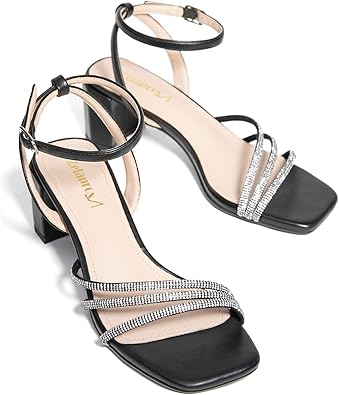 Zelaprox Women's Rhinestone Block Chunky Heel Sandals Square Open Toe Dressy Heels Glitter Wedding Sandals Low Heeled Comfortable Ankle Strap Prom Dress Shoes