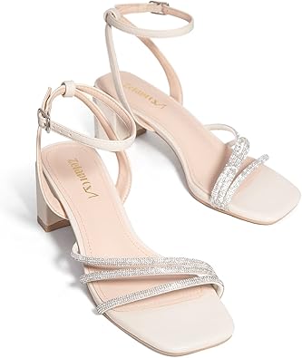 Zelaprox Women's Rhinestone Block Chunky Heel Sandals Square Open Toe Dressy Heels Glitter Wedding Sandals Low Heeled Comfortable Ankle Strap Prom Dress Shoes