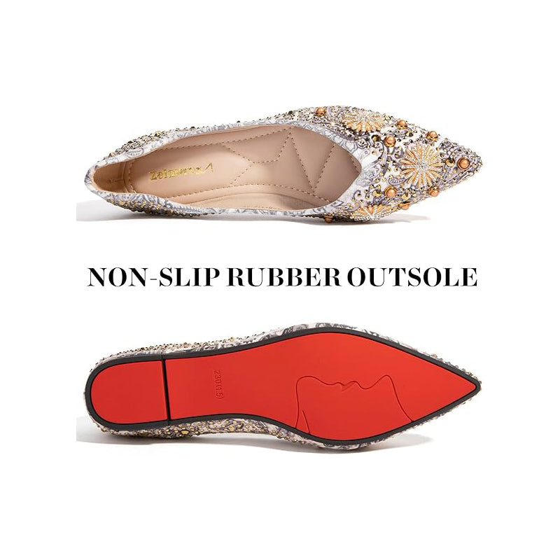 Zelaprox Women's Flats Shoes Rhinestone Pointed Toe Flats Comfort Low Wedge Dressy Flats Silver Bowknot Flats Light Weight Casual Ballet Shoes