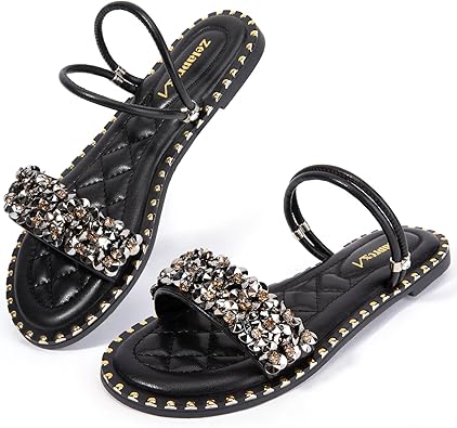 Zelaprox Women’s Rhinestone Flip-flop Open Toe Flat Sandals Sparkly Slip on Slide Sandals Glitter Casual Dressy Flat Sandals for Summer