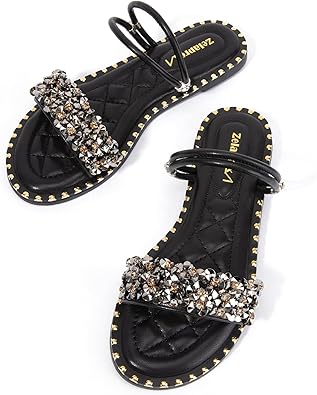 Zelaprox Women’s Rhinestone Flip-flop Open Toe Flat Sandals Sparkly Slip on Slide Sandals Glitter Casual Dressy Flat Sandals for Summer