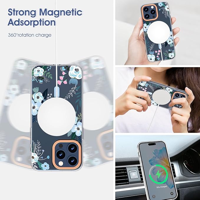 MILPROX Compatible with iPhone 15 Case- Magnetic Floral Mobile Phone Case wireless charging