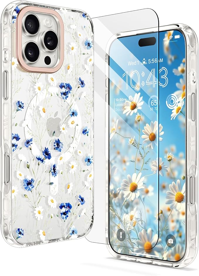 MILPROX Compatible with iPhone 16 Pro Cute Flower Floral Pattern Case - with Screen Protector/Strap