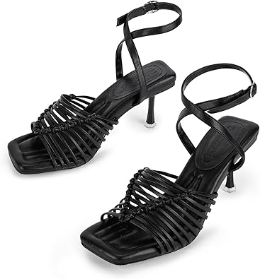 Trakxy Women’s Square Open Toe Strappy High-heeled Sandals Hollow Ribbon Woven High Heels Strap Sandals