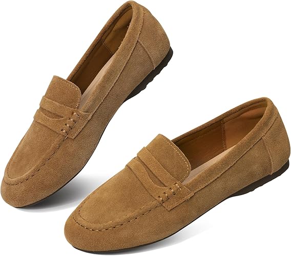 Trakxy Women’s Suede Loafer Shoes Comfortable Flat Penny Loafer Office Shoes Flat Work Shoes