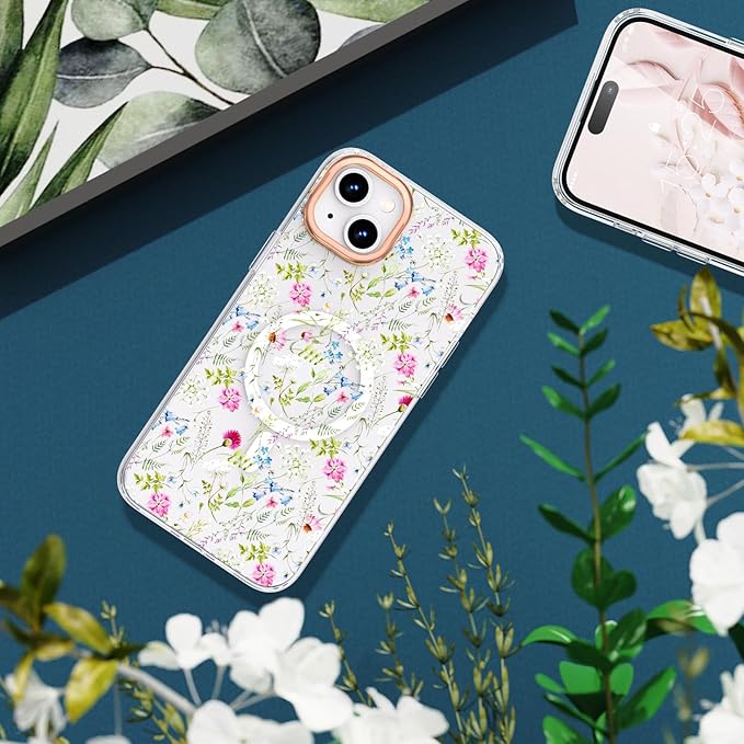 MILPROX Compatible with iPhone 15 Case- Magnetic Floral Mobile Phone Case wireless charging