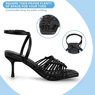 Trakxy Women’s Square Open Toe Strappy High-heeled Sandals Hollow Ribbon Woven High Heels Strap Sandals